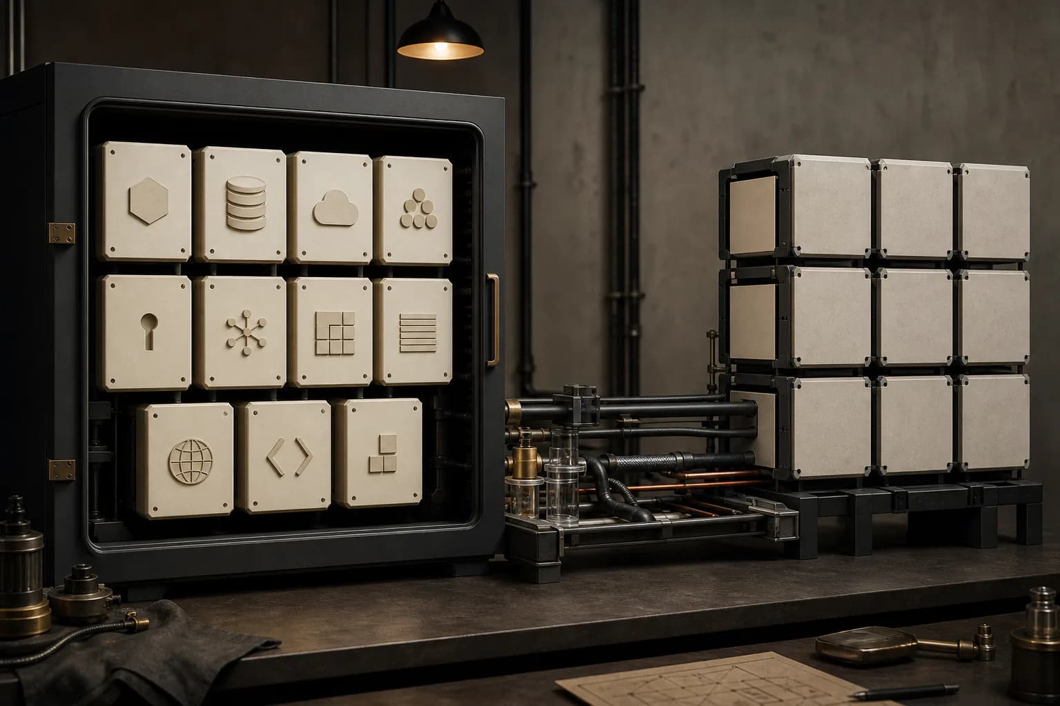 Eleven service modules leave one convenient cabinet through an exposed web of migration dependencies.