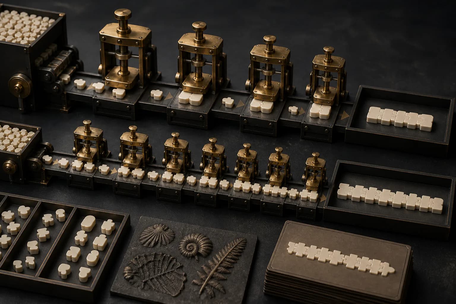 Two brass assembly lines merge ivory token pieces, leaving one output compact and the other visibly fragmented.