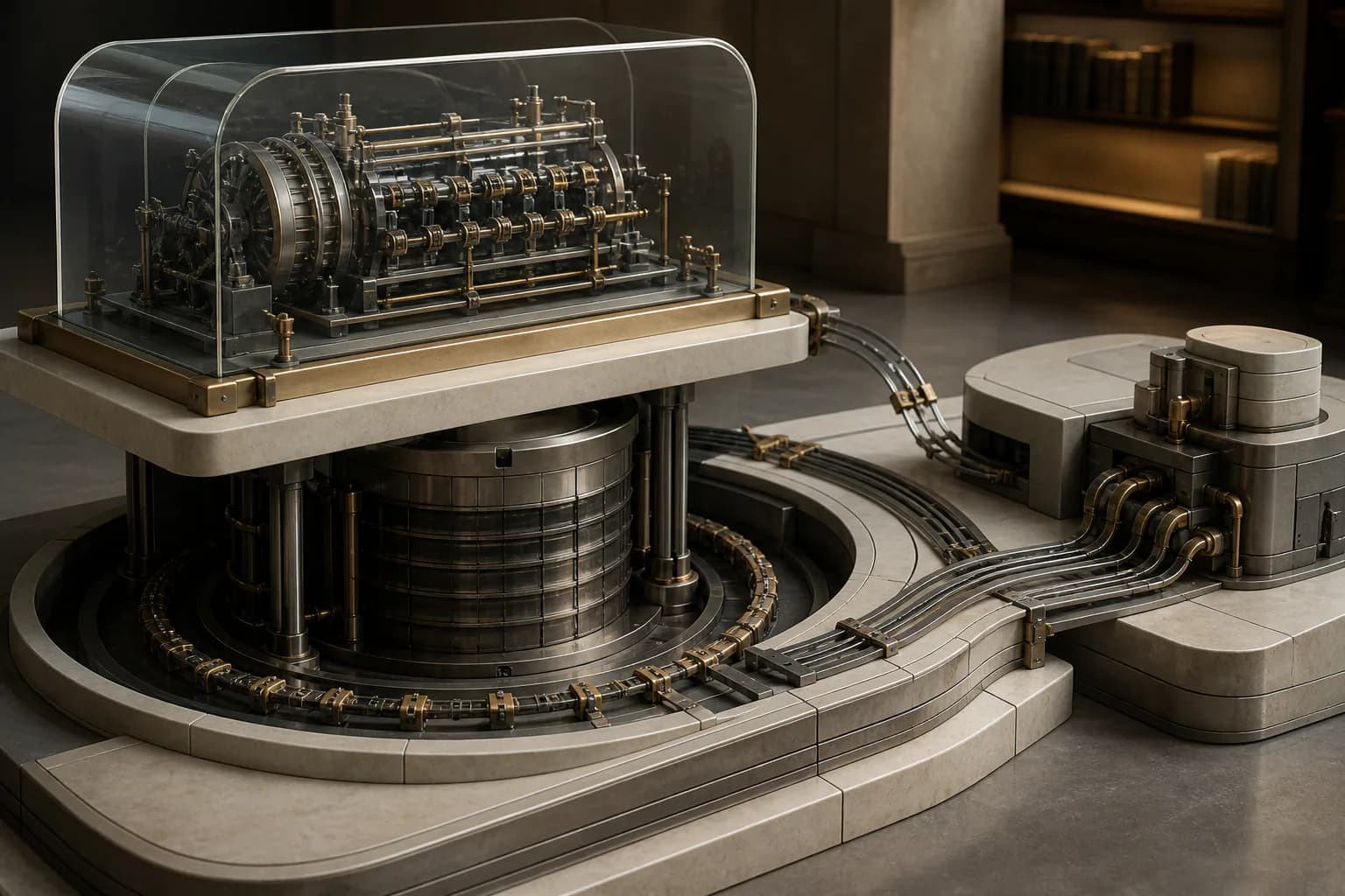 Ein alter Generator ruht unter einer Archivhaube, während sein State-Fundament in eine neue Steuerung weiterläuft.
