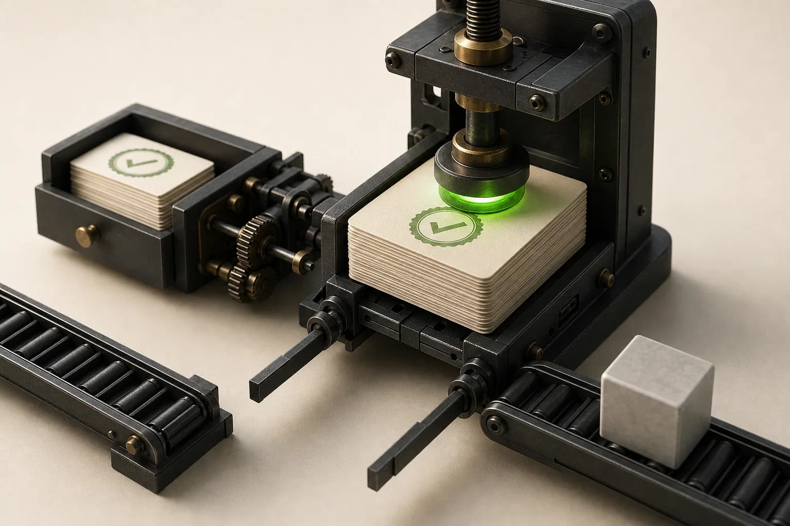 A green verification press stamps cached evidence while the current artifact waits on a disconnected test track.