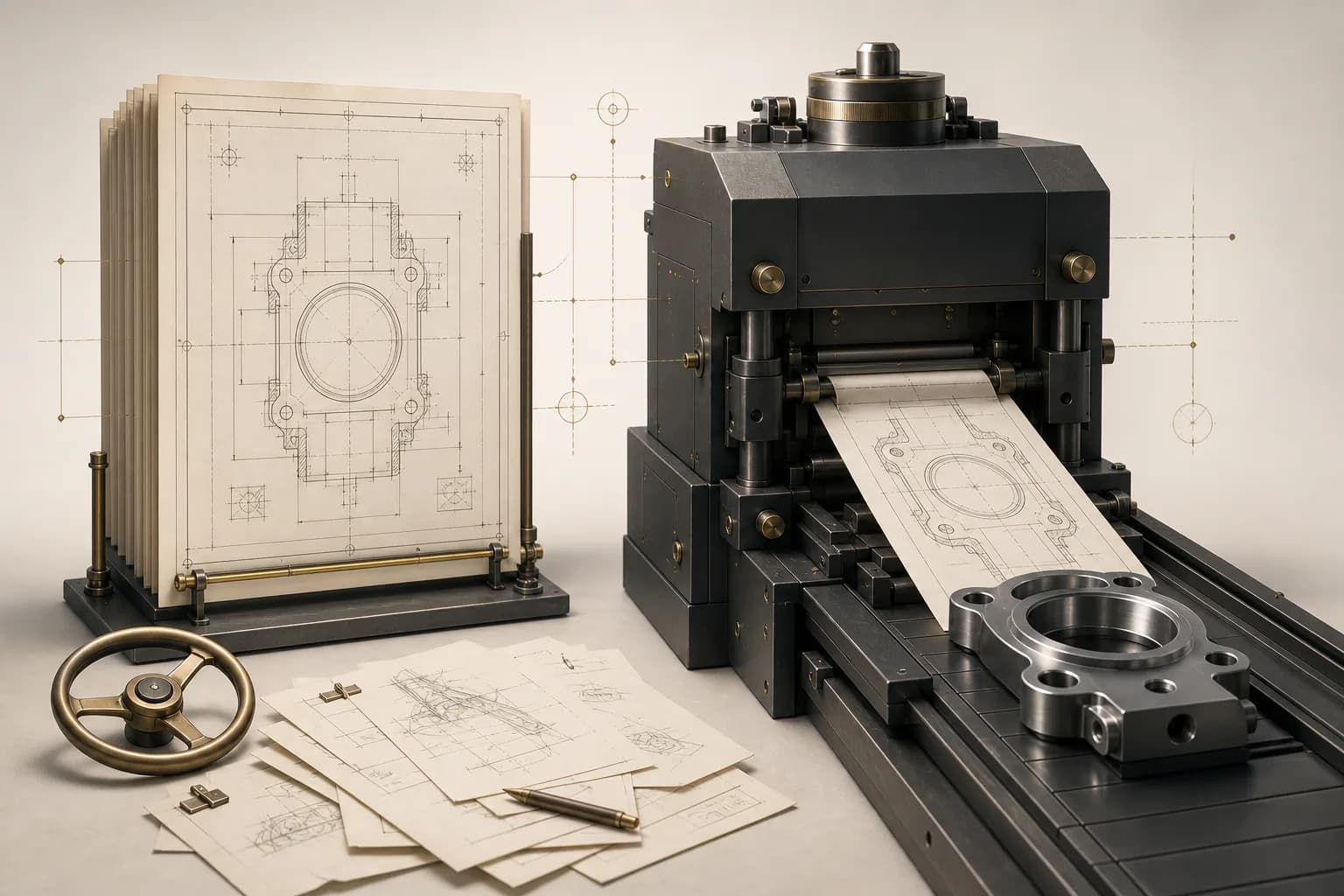 Eine detaillierte technische Spezifikation speist eine kalibrierte Maschine, die in einem Durchlauf ein fertiges Metallbauteil erzeugt.